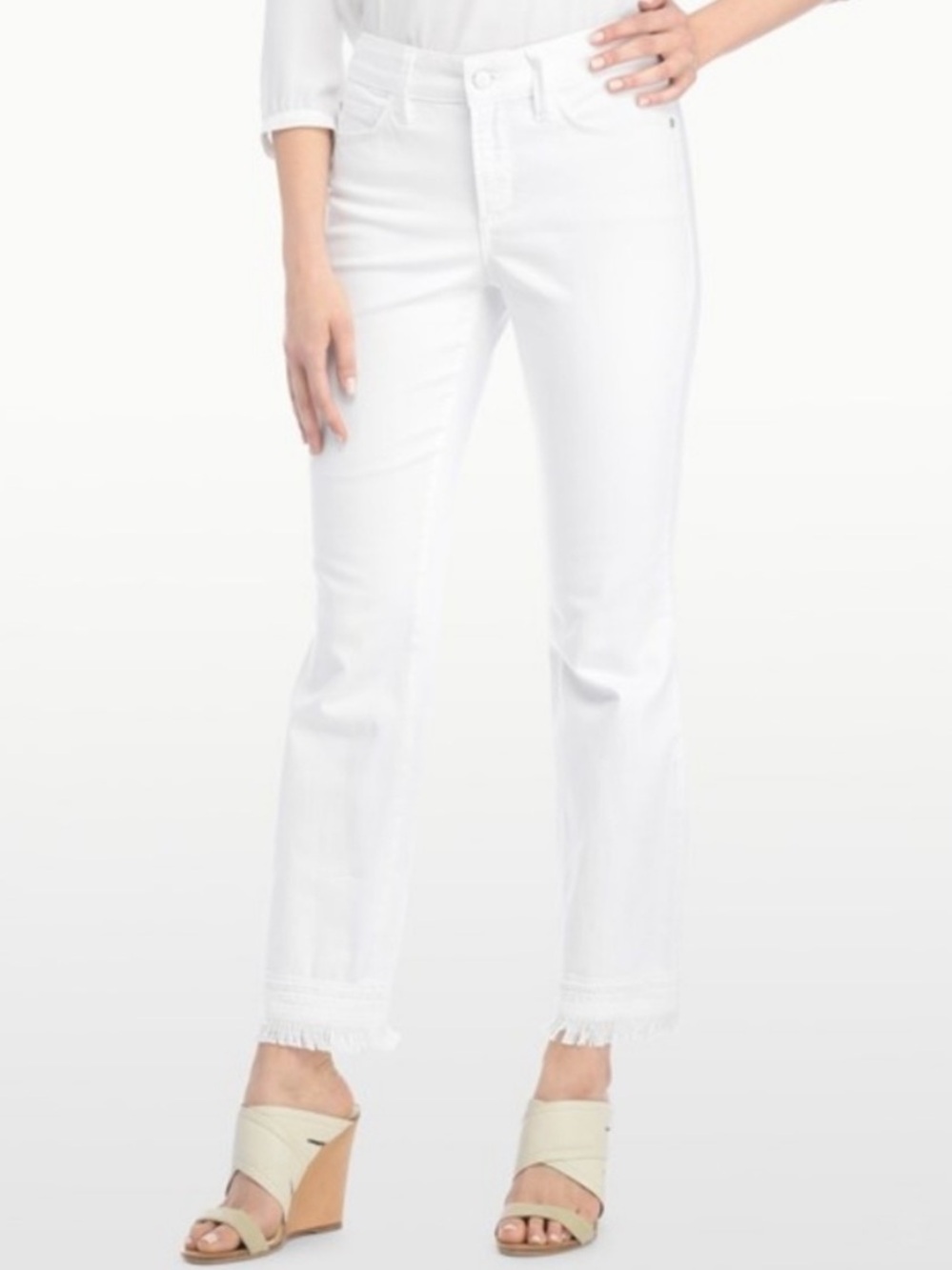 NYDJ Billie white ankle bootcut jeans raw edge embroidery hems